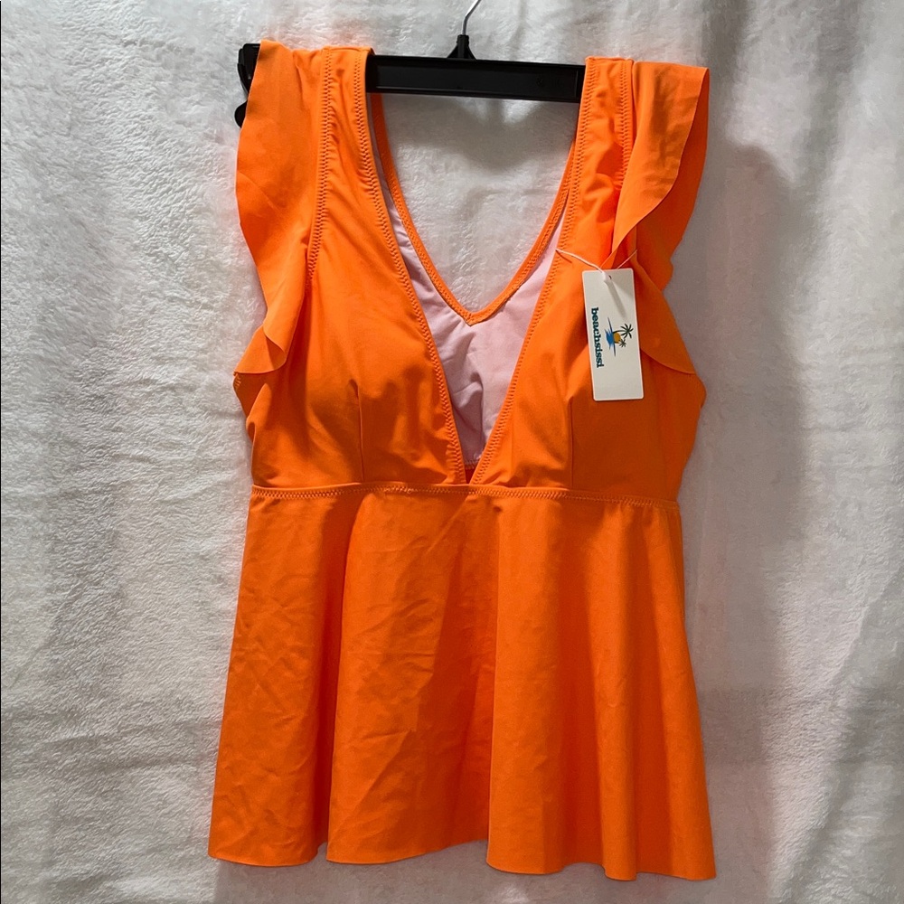 Lands' End Orange Ruffle V-Neck Swimdress